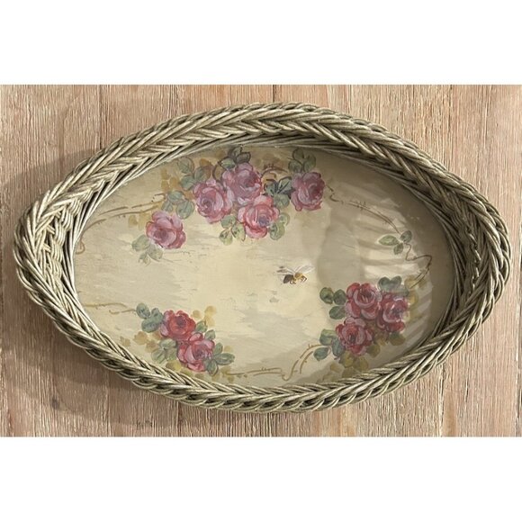 Vintage Green Oval Wicker Tray Painted Floral Design Under Glass Cottage Antique